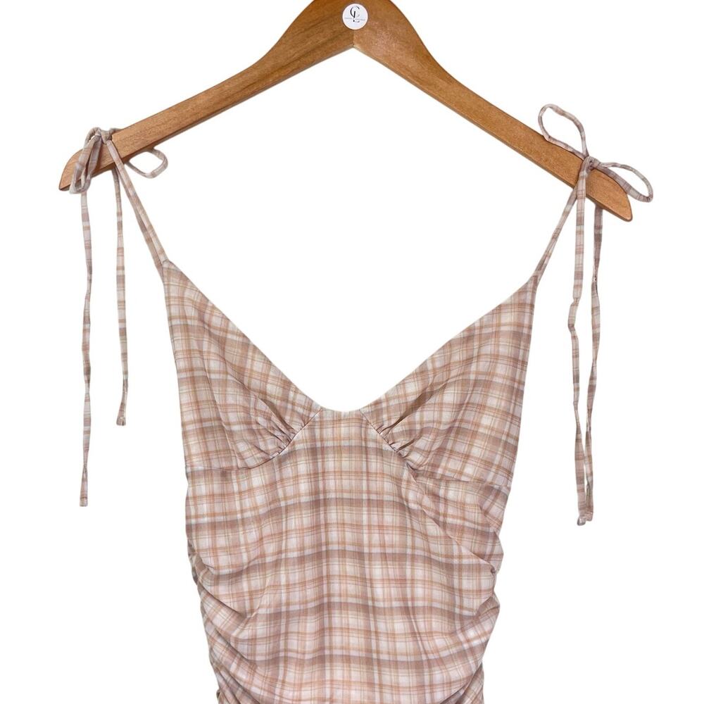 Wilfred Tan Plaid Tie Spaghetti Strap Ruched Side V-Neck Lined Bodycon Dress - Picture 3 of 8
